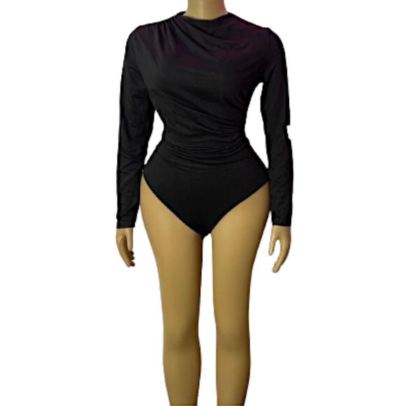 Lily Coco Women's Classic Black Ruched Bodysuit Size XL Long Sleeve - Picture 2 of 12